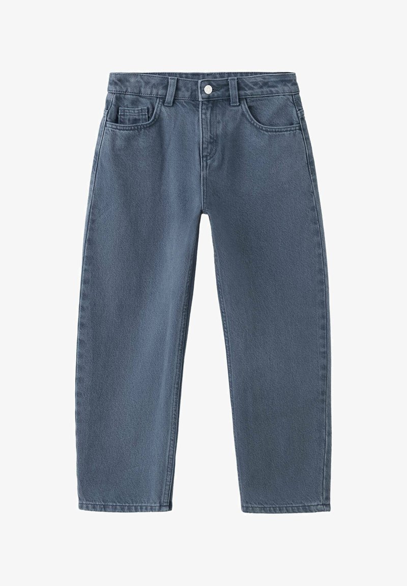 Jean denim bleu coupe droite avec fermeture par boutons à l’avant, passants pour ceinture, poches avant et poche monnaie, présenté sur fond blanc.