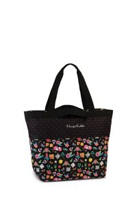 Sac en toile noir avec des motifs floraux affichant des crânes, des fleurs colorées et des papillons. Poignées solides noires et logo de Frida Kahlo.