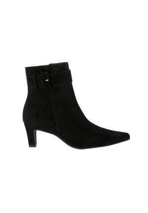 Black suede ankle boot with pointed toe, mid-height block heel, and decorative buckle strap around the upper ankle.