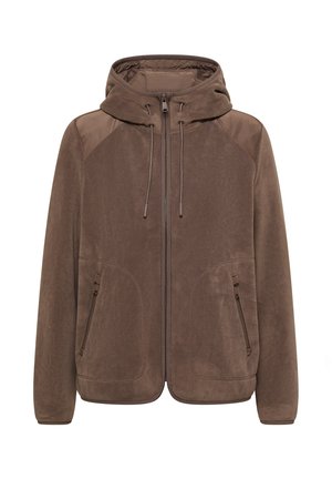 Hnědá fleecová bunda na zip s kapucí, šňůrkami a bočními kapsami na zip, s vyztuženými panely na ramenou.