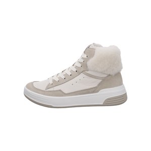 High-top white and beige sneaker with white laces, thick white sole, and plush fur collar around the ankle.