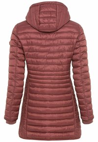Maroon puffer jacket with a hood, featuring a quilted design, ribbed cuffs, and a slim fit. Smooth, shiny texture with horizontal stitching.