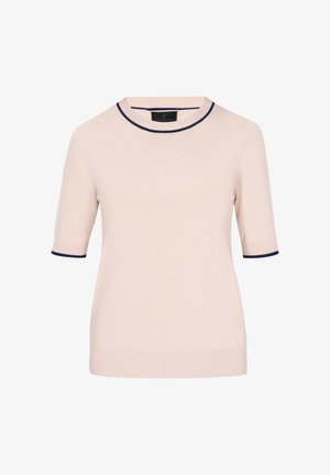 Heledad roosa lühikeste varrukatega topp, mis on valmistatud pehmest kudumisest, millel on kontrastne tumesinine kaelus ja äärte aktsendid. Klassikaline, keha lähedane disain.