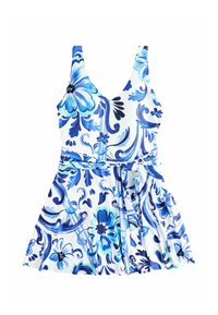 Rochie de baie cu model floral, având un decolteu adânc în formă de V, bretele late și talie cu șnur, în nuanțe de albastru pe un fundal alb.