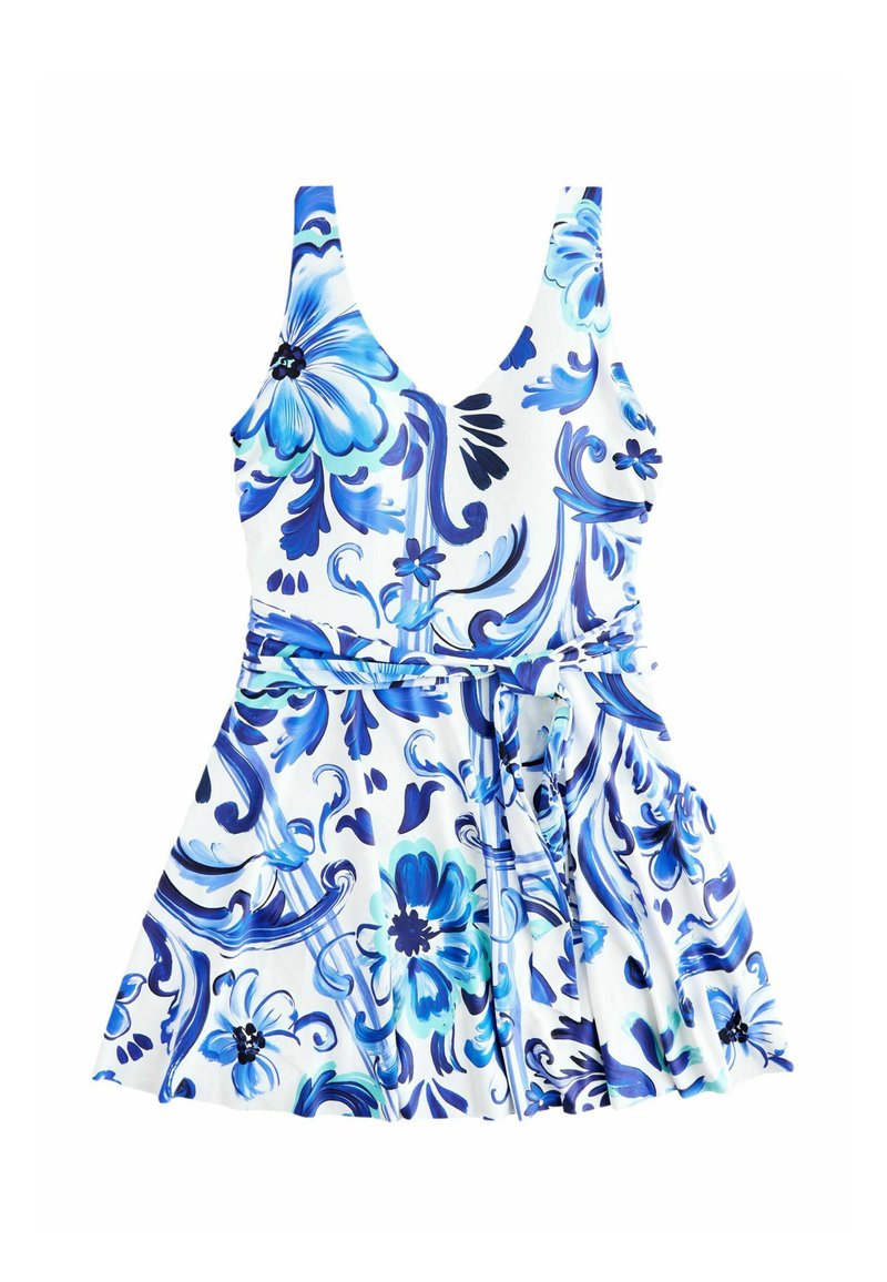 Rochie de baie cu model floral, având un decolteu adânc în formă de V, bretele late și talie cu șnur, în nuanțe de albastru pe un fundal alb.