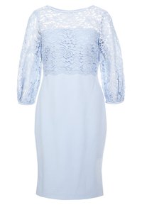 Jasnoniebieska sukienka z koronkowym gorsetem i długimi rękawami. Gładki dolny materiał kontrastuje z teksturowanymi detalami koronki. Okrągły dekolt.
