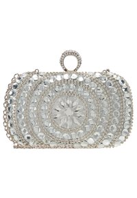 Pochette perlée avec monture en métal argenté. Présente un design circulaire avec des perles alternant transparentes et métalliques. Fermoir accentué sur le dessus.