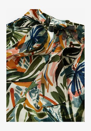 Multicolored floral blouse featuring green, blue, orange, and pink patterns. Made of lightweight fabric with a tied detail at the neckline.
