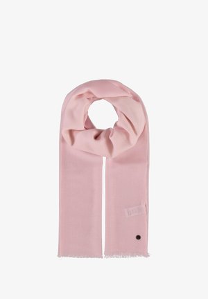 Écharpe rose clair en tissu doux, conçue avec une texture lisse et des bords à franges, présentant un petit accent noir d'un côté.