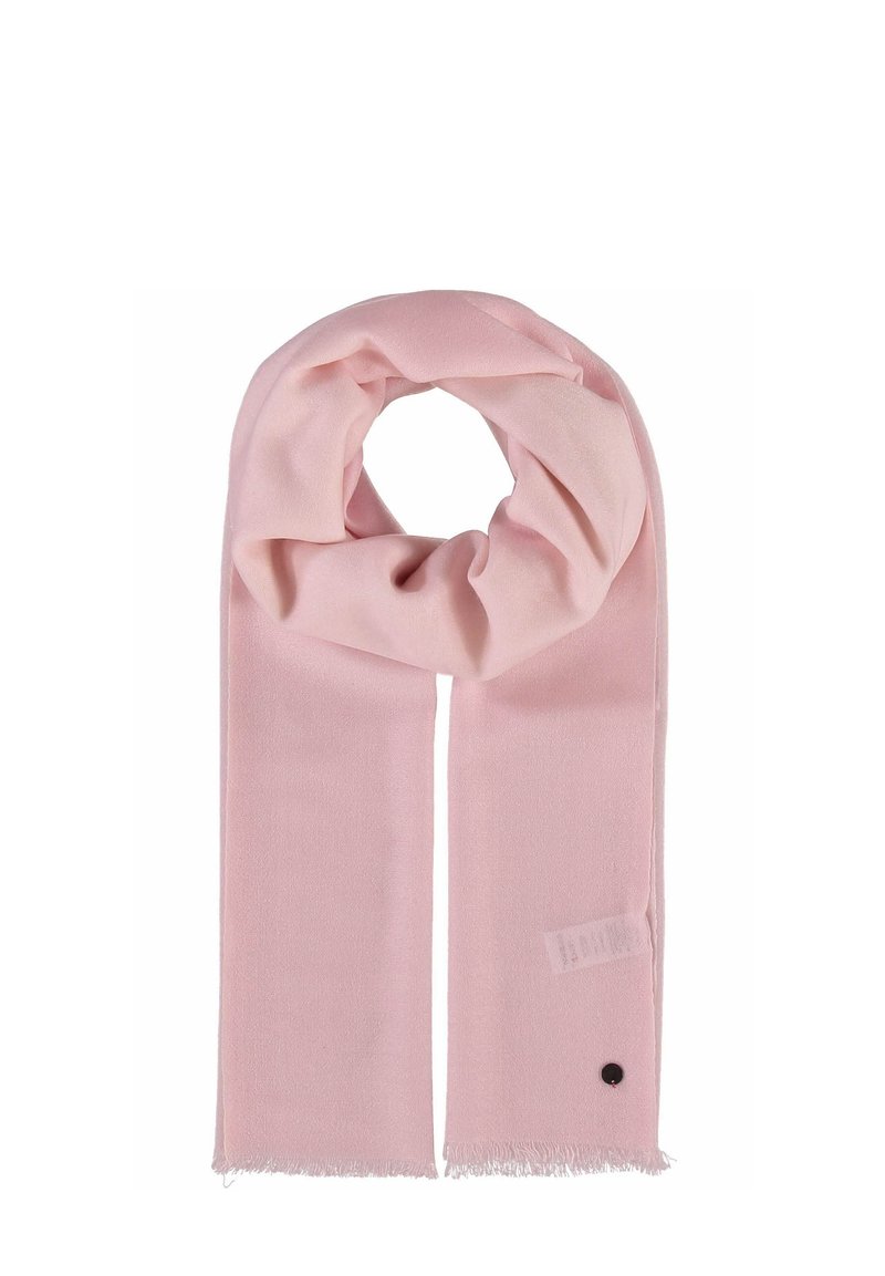 Écharpe rose clair en tissu doux, conçue avec une texture lisse et des bords à franges, présentant un petit accent noir d'un côté.