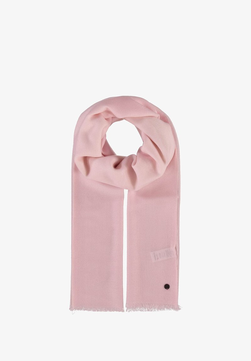 Écharpe rose clair en tissu doux, conçue avec une texture lisse et des bords à franges, présentant un petit accent noir d'un côté.