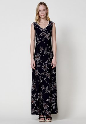 Maxikleid aus stretchigem Material, mit navy Hintergrund und floralen Mustern in Silber und Rot. V-Ausschnitt und ärmelloses Design.