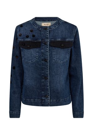 Donkerblauwe denim jas met een ronde halslijn, twee voorzakken en zwarte textuuraccenten. Heeft bloemversieringen aan één kant.