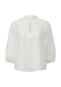 Weiße Bluse mit einem strukturierten Blumenmuster, rundem Ausschnitt und Bändern vorne mit einem Quastenakzent. Lange, puffärmelige Ärmel.