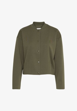 Olive green cropped jacket with a round neckline, featuring a button-down front and textured fabric for a smooth finish.