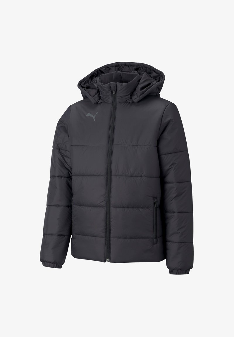 Schwarze Steppjacke mit Kapuze, gesteppte Optik, Frontreißverschluss und seitlichen Taschen. Sie verfügt über ein dezentes Logo auf der oberen linken Brustseite.