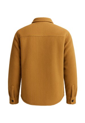 Bruin geribbeld shirt met een kraag, lange mouwen en knoopmanchetten. De stof heeft een zachte textuur en beschikt over een rechte zoom.