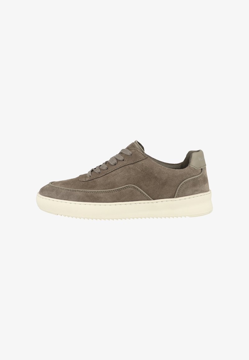 Suede sneakers in gray-brown with a cream rubber sole, round toe, and lace-up design featuring tonal stitching and a textured heel accent.