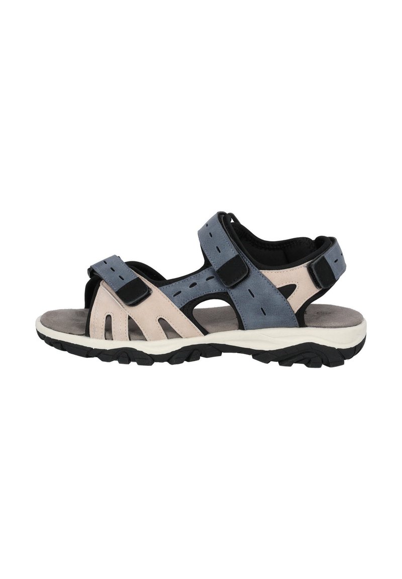 Sport sandaler med en blandning av blå och beige syntetiskt material, justerbara remmar och en strukturerad svart gummisula. Ventilationsöppningar ingår.
