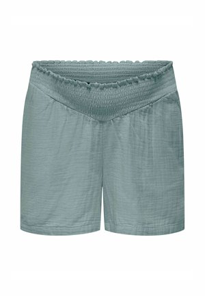 Jasnoniebieskie szorty z teksturowanej tkaniny z szerokim elastycznym marszczonym pasem w kształcie falbanki.