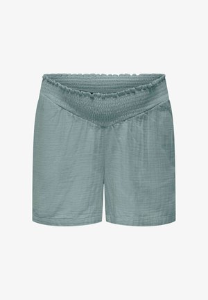 Lyseblå teksturerede short med bred elastisk smocket talje med scalloped kantdesign.