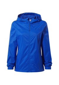Blue waterproof jacket with a hood, full zip closure, elastic cuffs, and side pockets. Smooth texture, lightweight, and breathable design.