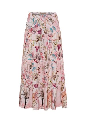 Rosa lagdelt maxi nederdel med blomster- og botanisk print i bløde farver inklusive blå, lilla, beige og grøn på en lys baggrund.