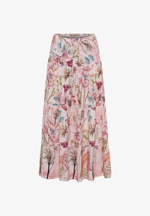 Rosa lagdelt maxi nederdel med blomster- og botanisk print i bløde farver inklusive blå, lilla, beige og grøn på en lys baggrund.