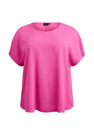 Fuchsiový, volně střižený top s kulatým výstřihem, krátkými rukávy a hladkým povrchem, se slabým vzorem na látce.
