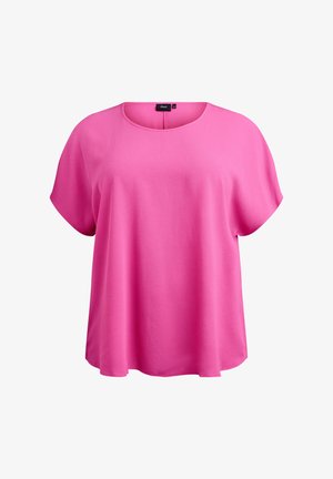Fuchsia, locker sitzendes Oberteil mit rundem Ausschnitt, kurzen Ärmeln und glatter Textur, das ein dezentes Stoffmuster aufweist.