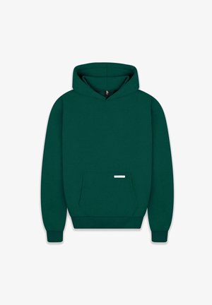 Hooded sweatshirt in dark green, made of soft fabric. Features a front pocket, ribbed cuffs, and a small label on the pocket.