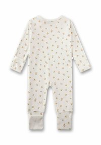 Baby-Strampler mit langen Ärmeln aus cremefarbenem Stoff, mit kleinen Blumenmustern und Umschlagbündchen. Weiches, dehnbares Material mit enger Passform.