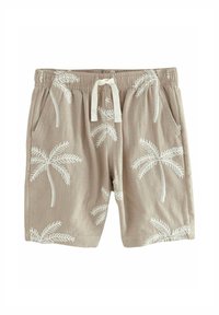 Beige korte broek gemaakt van lichtgewicht stof, met witte geborduurde palmbomen en een elastische tailleband met trekkoord.