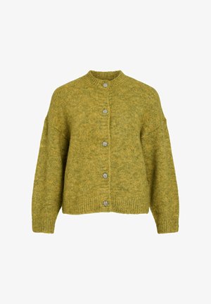 Sinepiroheline, ülev oversized kootud kardigan, millel on kõrge ümardatud kaelus, viis hõbedast nööbi sulgemist ning ribakujulised varrukad ja äär.