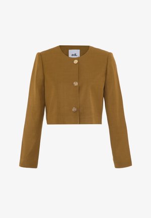 Zkrácená hořčicová bunda s dlouhými rukávy, kulatým výstřihem a třemi dekorativními zlatými knoflíky vpředu. Hladká, lehká látka.