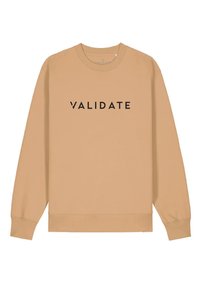 Felpa beige con maniche lunghe, polsini e orlo a costine, caratterizzata da "VALIDATE" in grassetto nero maiuscolo sulla parte frontale.