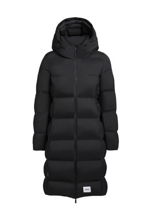 Giacca a vento nera con cappuccio, caratterizzata da una chiusura con zip, design trapuntato e collo regolabile. Include un'etichetta con il logo sull'orlo.