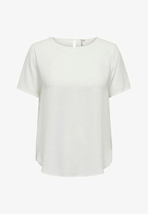 White short-sleeve blouse with a round neckline, subtle texture, and an open back keyhole detail. Slightly curved hem with side slits.