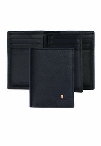 Tumši zila ādas maku ar teksturētu apdari. Iespējas ietver vairākas kartes kabatas un nelielu logo akcentu. Kompakta divu loksņu dizaina forma, elegants izpildījums.