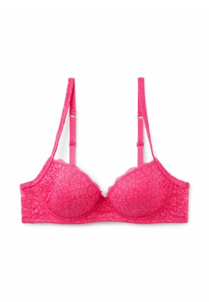 Kanten bh in felroze, met een bloemenpatroon, gepadde cups en verstelbare bandjes voor een aanpasbare pasvorm. Versterkt met golvende randen.