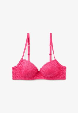 Kanten bh in felroze, met een bloemenpatroon, gepadde cups en verstelbare bandjes voor een aanpasbare pasvorm. Versterkt met golvende randen.