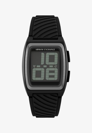 Montre-bracelet noire numérique Armani Exchange avec bracelet en silicone texturé, cadran rectangulaire, affichant l'heure 10h08.