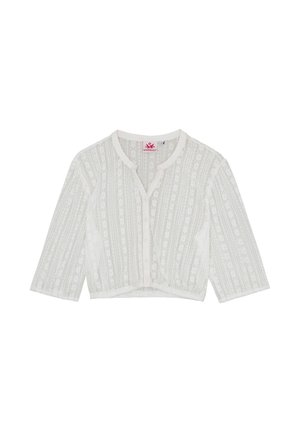 Witte kanten cropped cardigan met driekwart mouwen en knoopsluiting aan de voorkant, voorzien van een ronde halslijn en verticale bloemenpatronen.