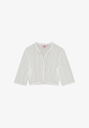 Witte kanten cropped cardigan met driekwart mouwen en knoopsluiting aan de voorkant, voorzien van een ronde halslijn en verticale bloemenpatronen.