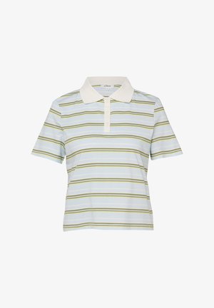 Polo met korte mouwen, witte kraag, lichtblauwe basis en olijfgroene horizontale strepen.