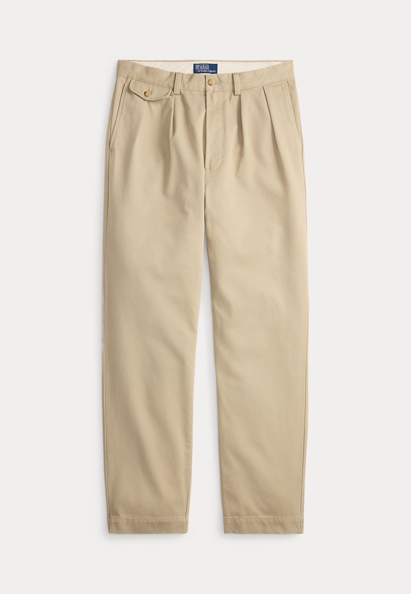Pantaloni khaki beige con davanti piatto, due tasche laterali, due tasche posteriori e una cintura in denim. Realizzati in morbido tessuto di cotone.