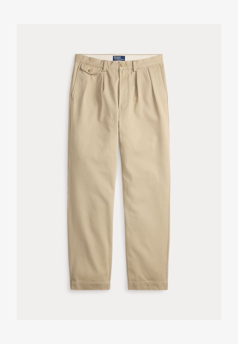 Pantaloni khaki beige con davanti piatto, due tasche laterali, due tasche posteriori e una cintura in denim. Realizzati in morbido tessuto di cotone.