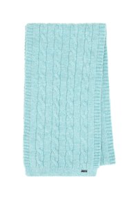 Jasnoniebieski dziergany szalik z teksturowanym wzorem warkocza i prążkowanymi krawędziami. Z jednej strony znajduje się mała metka z logo.
