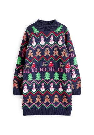 Marineblå sweater med festlige mønstre af snemænd, peberkagemand og juletræer, med en ribbet rund halsudskæring og livlige geometriske accenter.