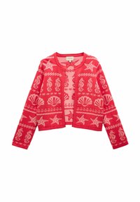Červený pletený cardigan s růžovými mořskými vzory, včetně mořských koníků, mušlí a hvězd, s kulatým výstřihem a dlouhými rukávy.